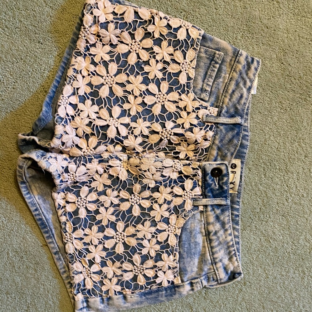 Roxy Jean shorts w/ light pink flower lace, size 3